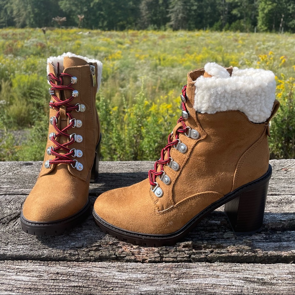8 10 NWT Nine West tan chunk heel faux fur suede vegan moto combat boots - Picture 10 of 13